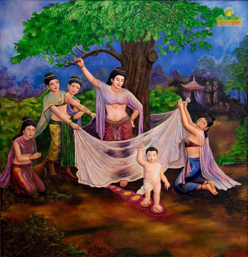 Upon his birth, the newborn Buddha took seven steps, each of which was supported by a blooming lotus.