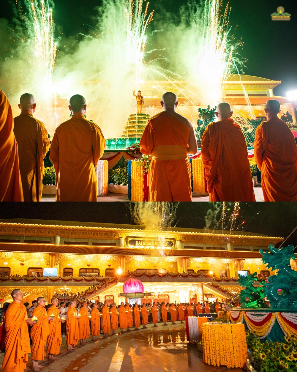 Divine fireworks during the light offering program on the Buddhas birthday.