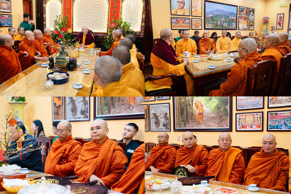 Thay Thich Truc Thai Minh and his disciples warmly welcomed the esteemed delegation in the Guest Room, where they exchanged greetings and Sangha bonds