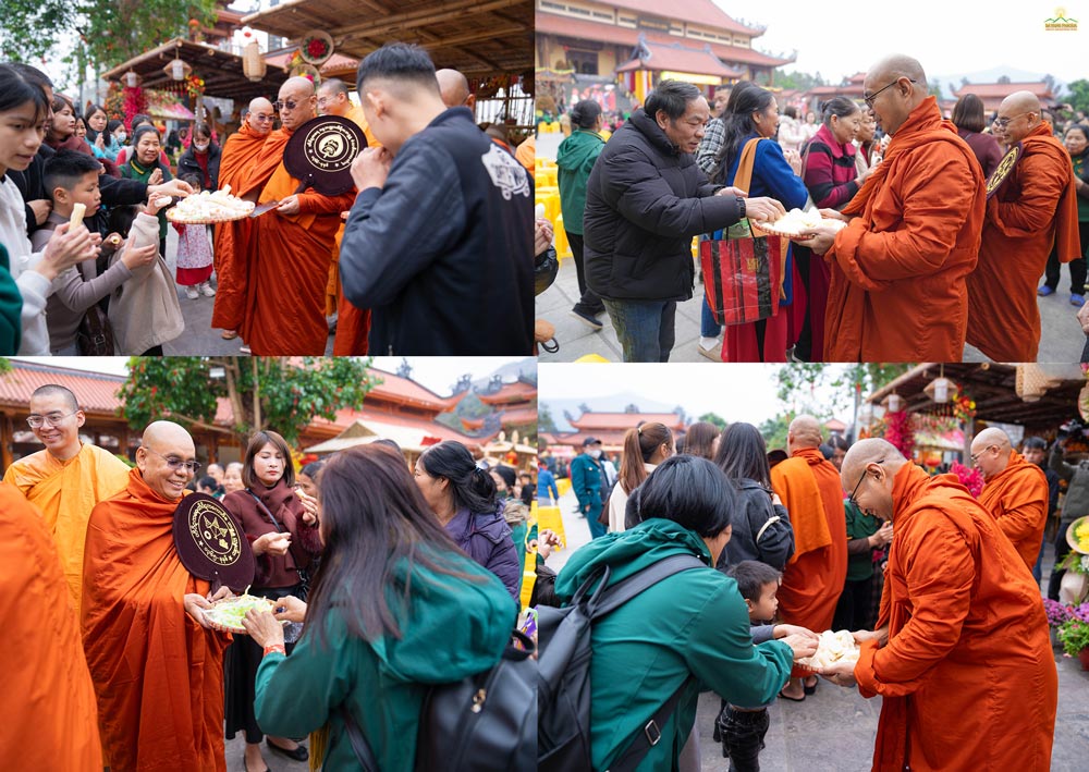 During the tour around the Pagoda, the resident monks also introduced the activities to welcome guests visiting the Pagoda. At the food court with Tet decorations and food, the Myanmar Venerables gifted popped rice bars - a traditional Vietnamese snack, to visitors