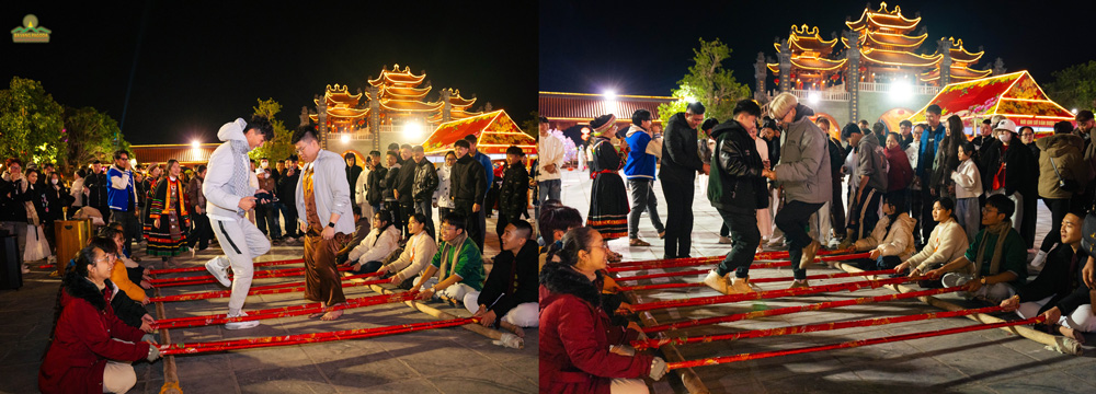 Under the vibrant lights of the new year night, the lively beat of folk music fills the air at Ba Vang Pagoda. Have you tried the cheraw dance in the Main Hall yard yet? Step in, move gracefully, and feel the joy of this traditional dance!