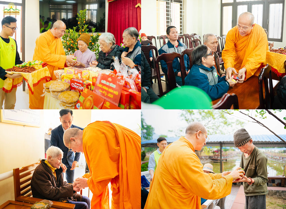 Thay Thich Truc Thai Minh graciously presented the elderly with gifts at the doorstep of Lunar New Year