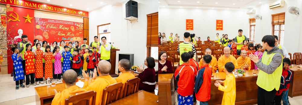 Youngsters from Ba Vang Youth Club and the children together put on a joyous song to dedicate to Thay and the monks