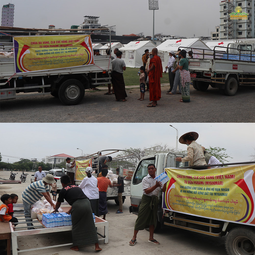 The relief truck stopped at Ba Htoo Stadium in Mandalay to provide timely support to residents temporarily sheltering after losing their homes in the earthquake