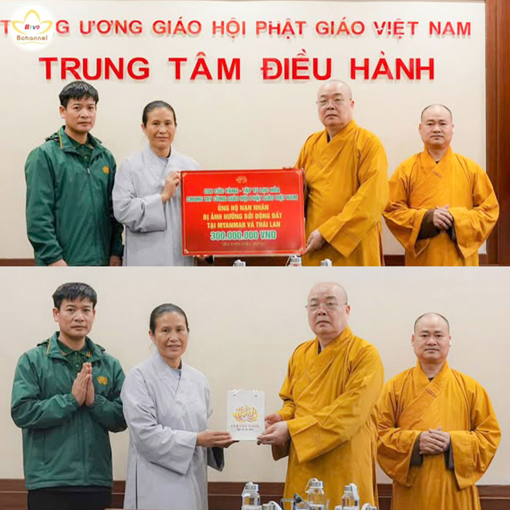 At the Central Office 1 of the Vietnam Buddhist Sangha, Most Venerable Thich Thanh Nhieu, Standing Member of the Proving Council and Standing Vice Chairman of the Executive Council, Vietnam Buddhist Sangha, on behalf of the Sangha, received the donation from the Yellow Chrysanthemum Club