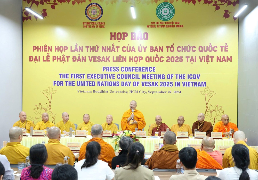The press conference about the outcomes of the first preparatory meeting for the United Nations Day of Vesak (UNDV) 2025 in Vietnam occurred on the afternoon of September 27, 2024 in Ho Chi Minh City—Photo: VGP/Tuan Anh