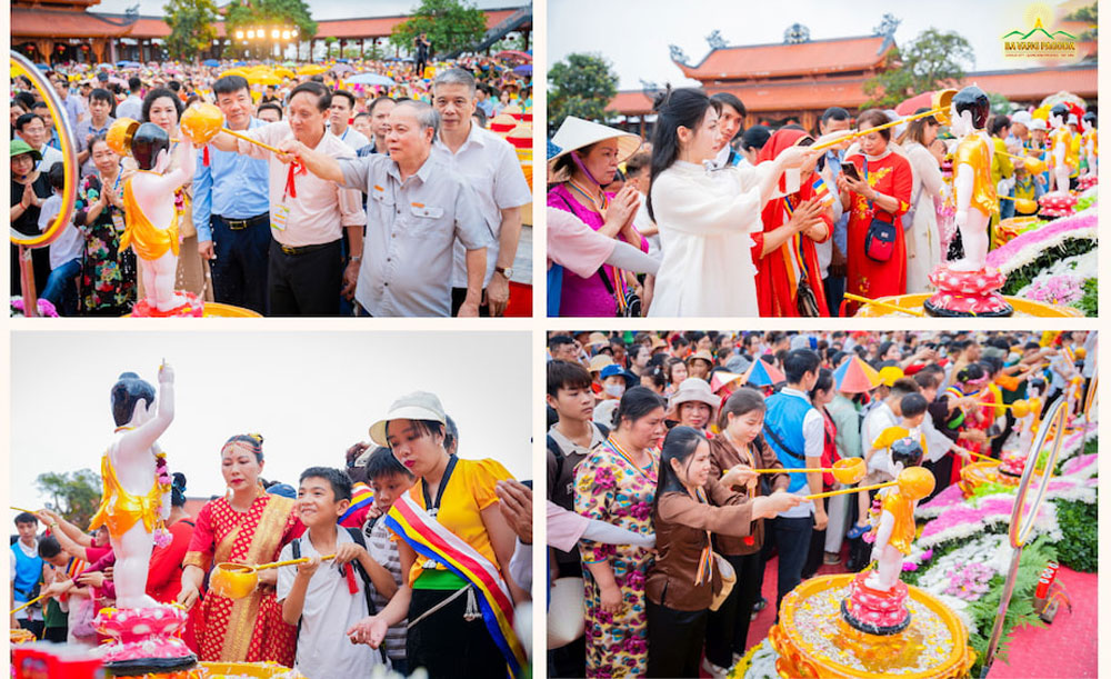 Distinguished guests, citizens, and Buddhists offer water to bathe Buddha