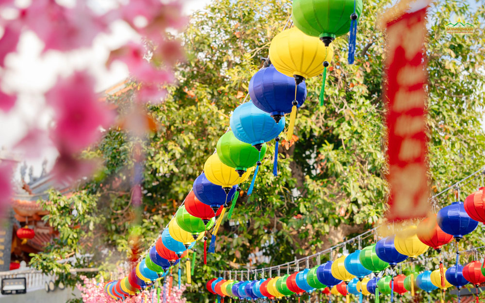 Colorful lanterns adorn every corner of Ba Vang Pagoda, creating a vibrant Tet atmosphere