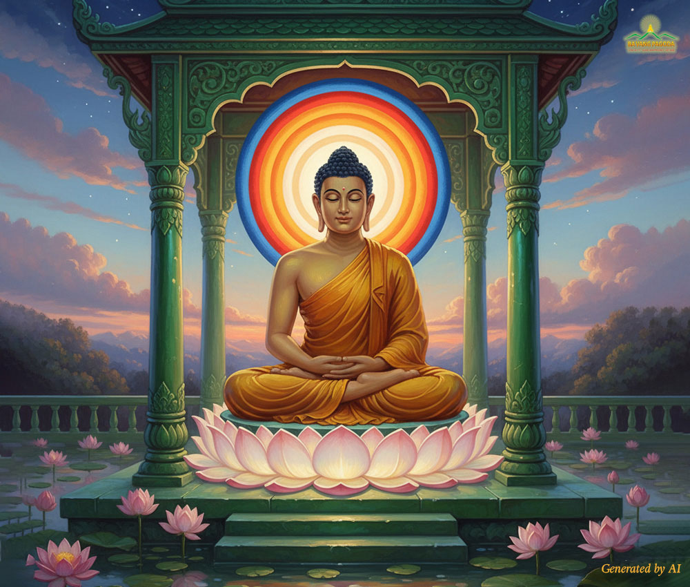 The Buddhas body and mind became absolutely bright and pure, radiating a brilliant aura (illustrative image)