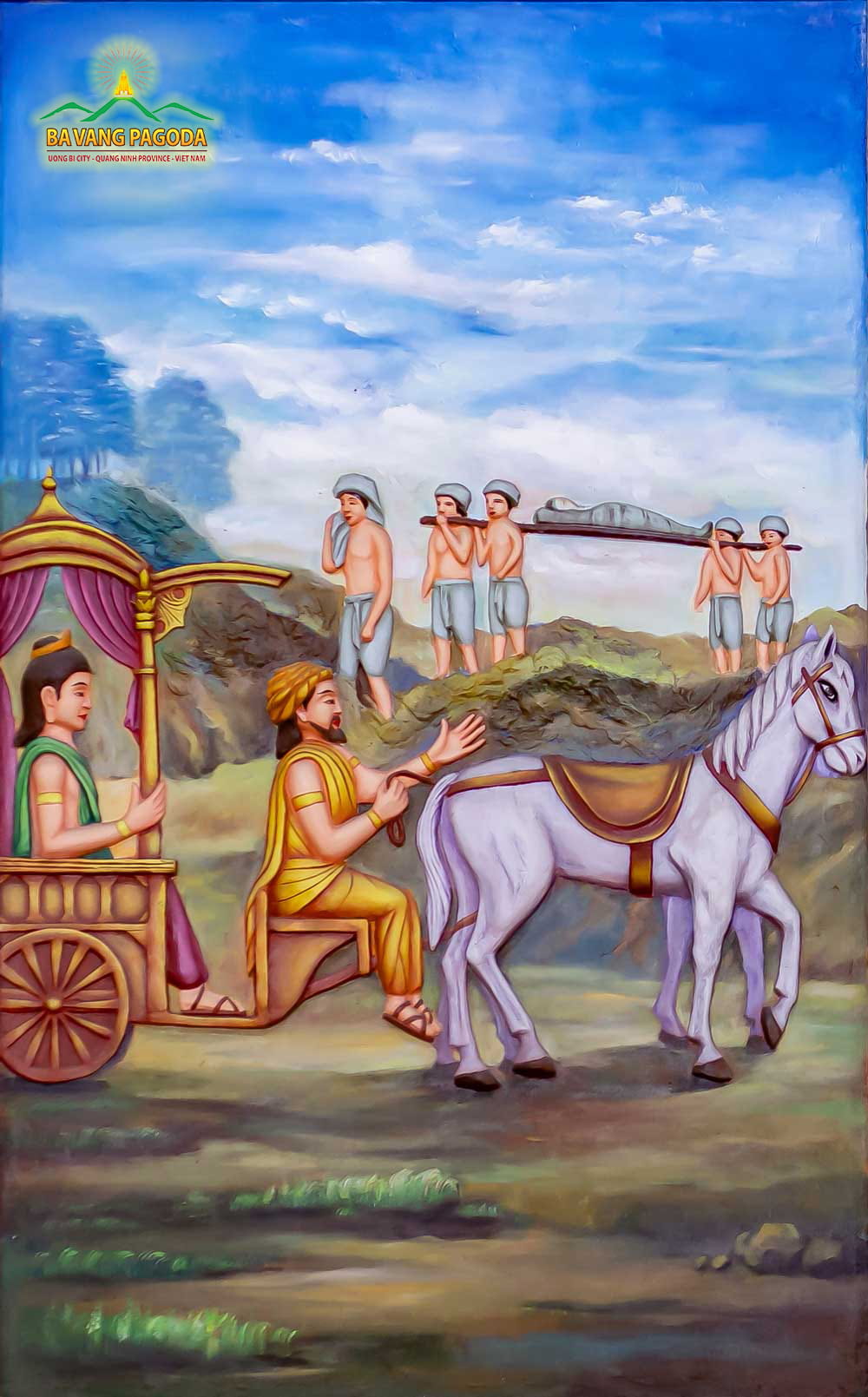 For the third time left the palace, Prince Siddhartha met people carrying a stretcher, on which they laid a person.