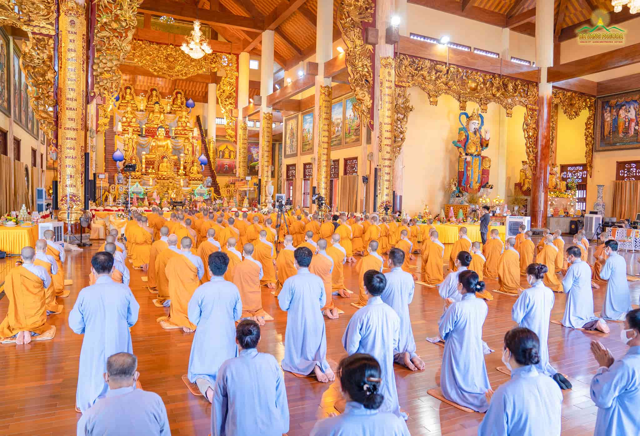 The community of Ba Vang Pagoda respectfully kneeling generating the Bodhi mind in the witness of Thay Thich Truc Thai Minh.
