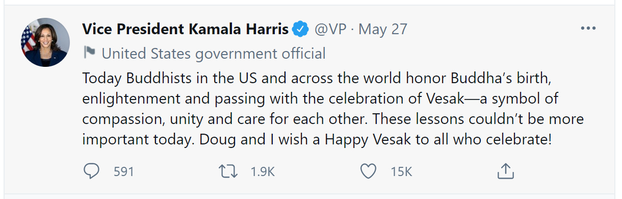 US Vice President Kalama Harris sends greetings on Vesak day on her Tweeter.