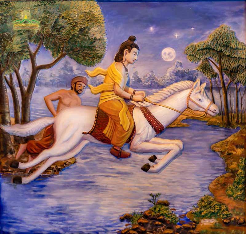 Prince Siddhartha and Channa, riding the horse Kanthaka, departed from the capital Kapilavastu under the night sky.