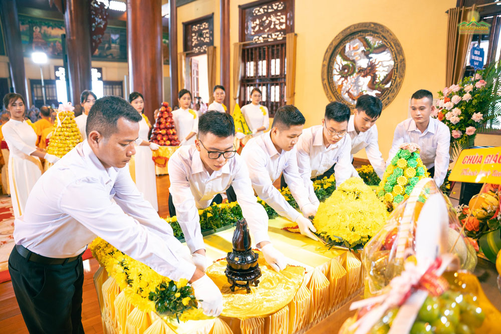 The Buddhist ritual of offering the six items as a tribute to express their gratitude to the Patriarch as well as the assembly for upholding the noble aspirations of the Buddhist Patriarchs in propagating the Dharma for the benefits of sentient beings.