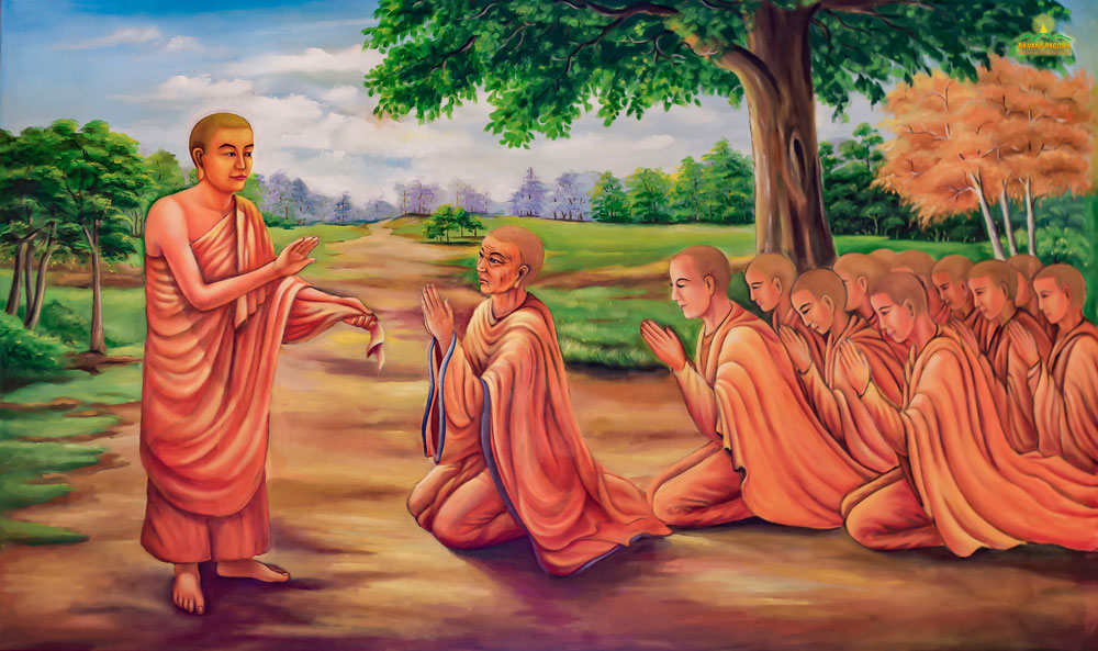 Mahaprajapati Gotami and 500 women met Ananda to seek ordination from the Buddha.