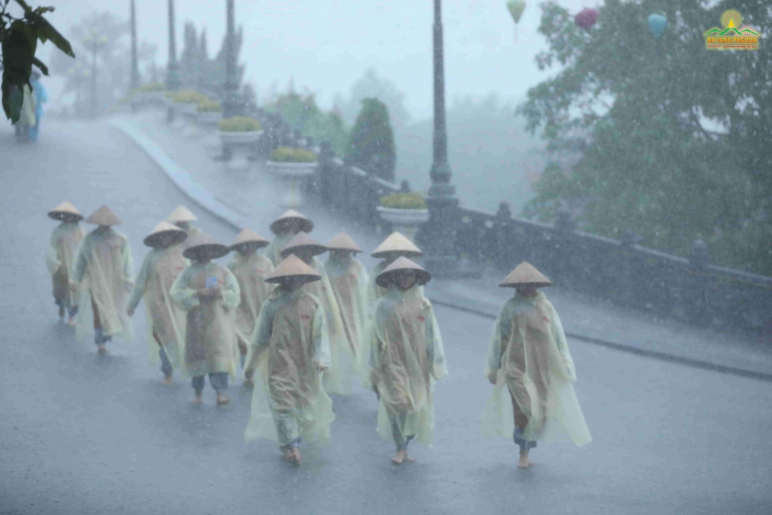 Nuns of Ba Vang Pagoda doing walking meditation in the pouring rain.