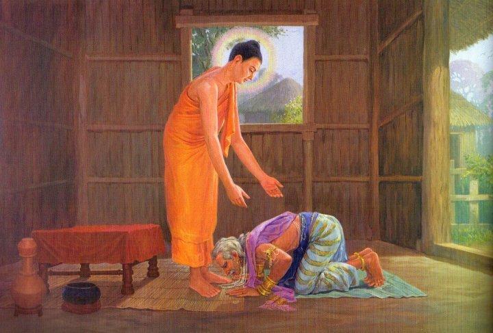After following the Buddhas teachings, King Pasenadi of Kosala succeeded in overcoming obesity and got as thin as he used to be. (Photo: King Pasenadi of Kosala making prostration to the Buddha)