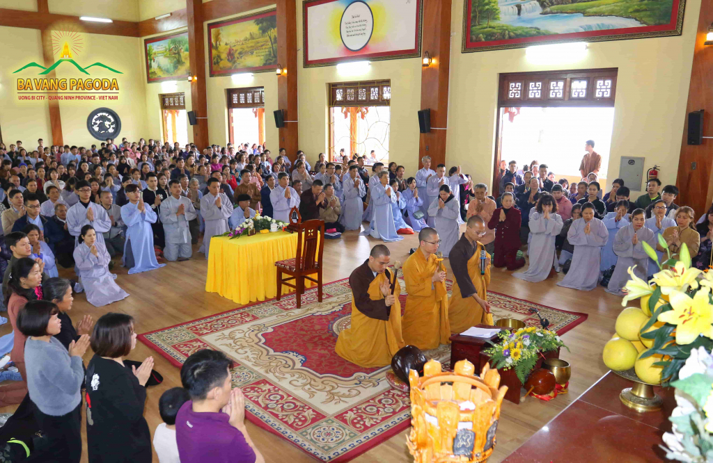 Monks of Ba Vang Pagoda perform rituals at a ceremony of transmitting five precepts