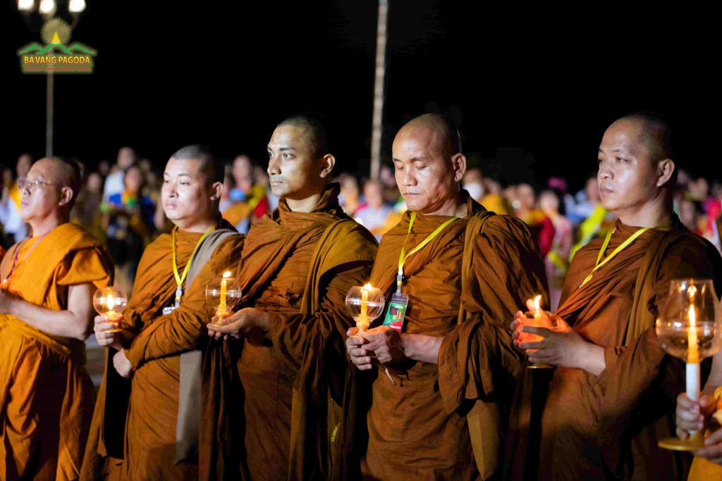 The Buddhist monks from Bangladesh in the Lantern Parade to offer to the Buddha at Ba Vang Pagoda, Vietnam.